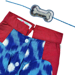 COLOUR BLOCK IKAT PRINTED COTTON KURTA + SILVER BLUE BONE RAKHI FOR DOGS AND CATS