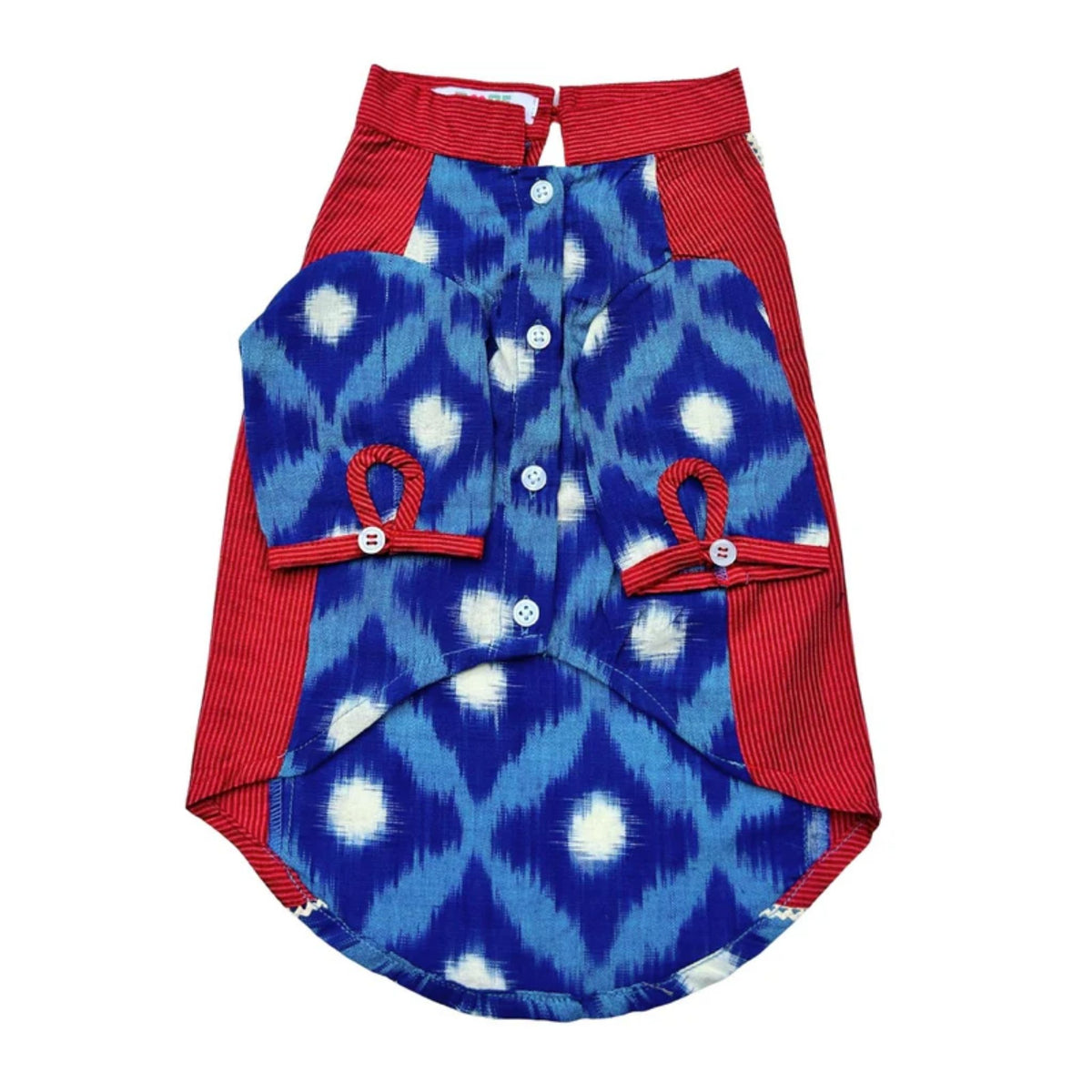 COLOUR BLOCK IKAT PRINTED COTTON KURTA + SILVER BLUE BONE RAKHI FOR DOGS AND CATS