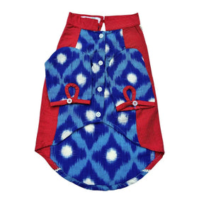 COLOUR BLOCK IKAT PRINTED COTTON KURTA + SILVER BLUE BONE RAKHI FOR DOGS AND CATS