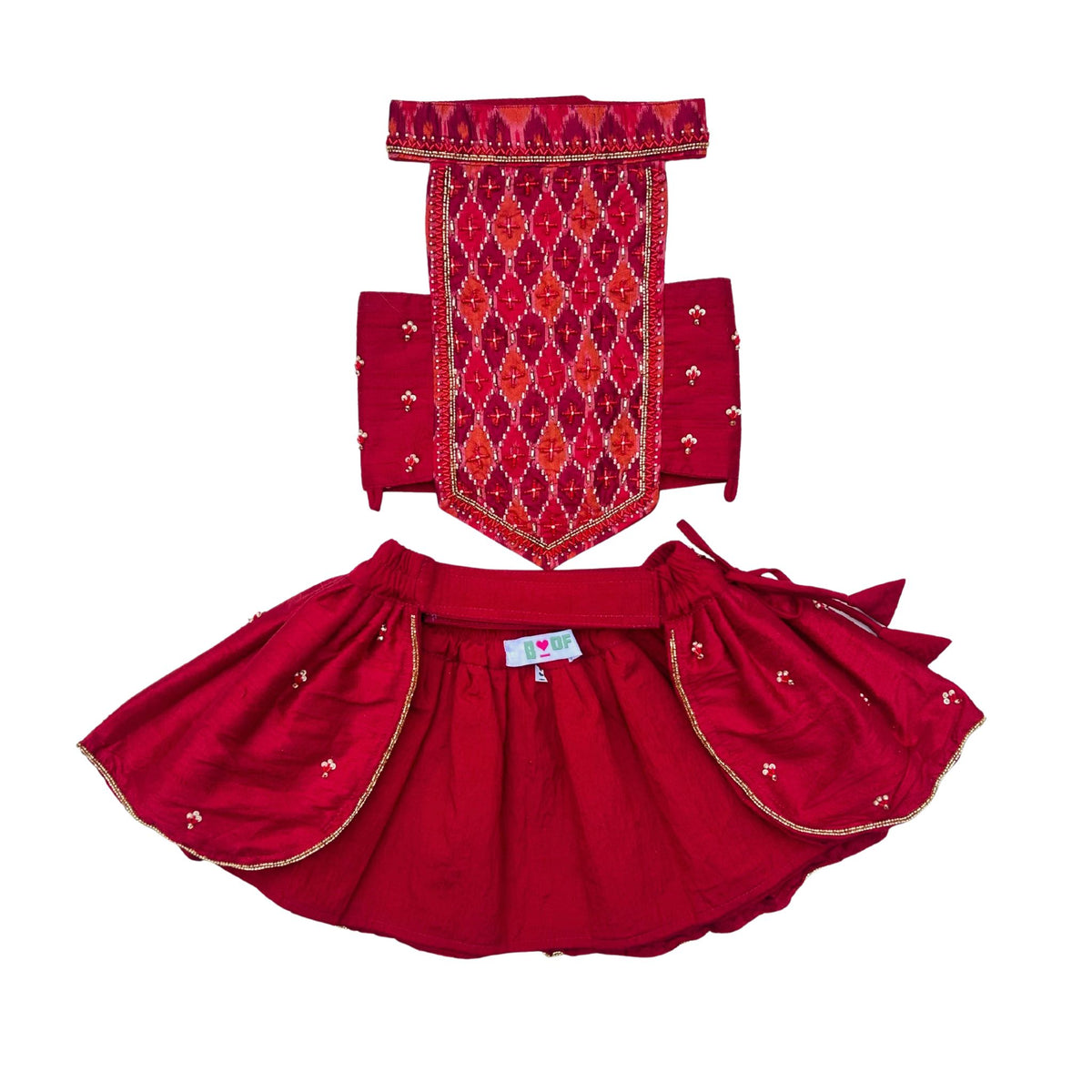 RED IKAT PRINT HAND EMBROIDERED LEHENGA FOR DOG AND CATS