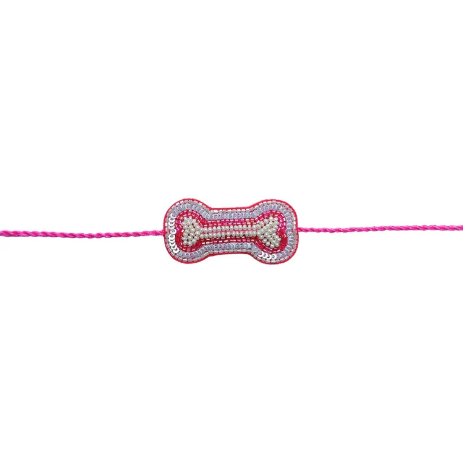 MAGENTA VELVET PAISLEY PRINTED KURTA + SILVER PINK PEARL BONE RAKHI FOR DOGS AND CATS