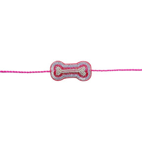 MAGENTA VELVET PAISLEY PRINTED KURTA + SILVER PINK PEARL BONE RAKHI FOR DOGS AND CATS