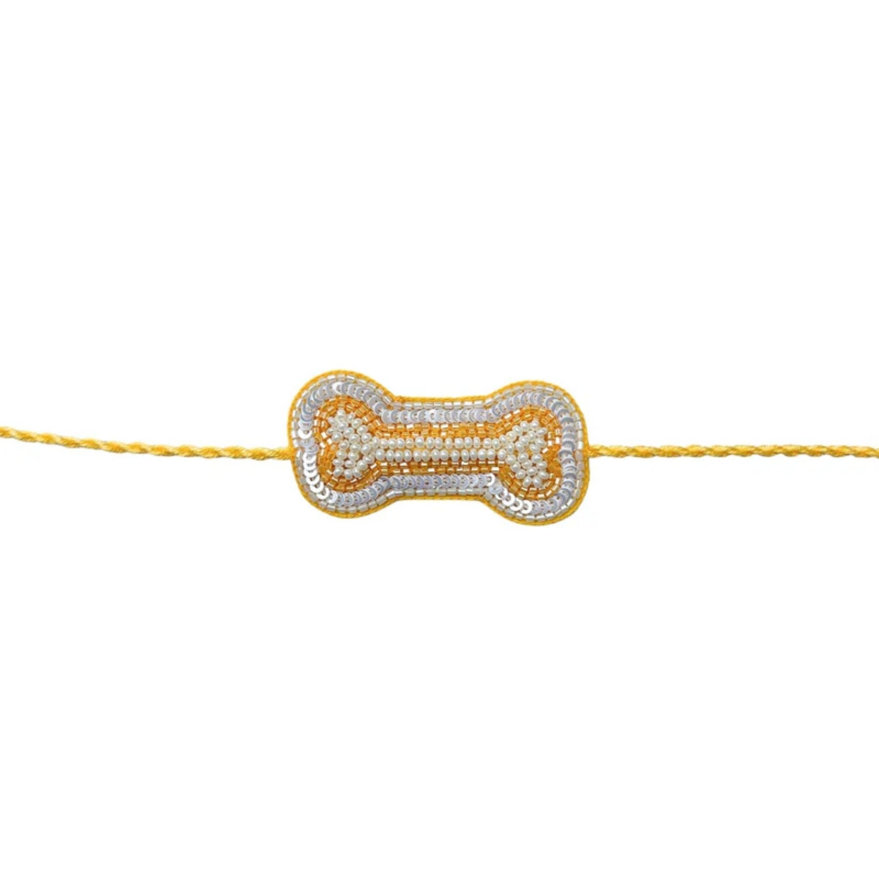 YELLOW BANDHANI WAISTCOAT + SILVER YELLOW PEARL BONE RAKHI FOR DOGS AND CATS