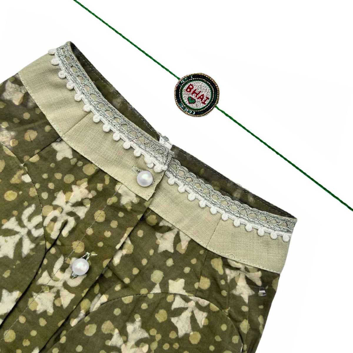MEHENDI GREEN BATIK PRINT COTTON KURTA + GREEN BHAI RAKHI FOR DOGS AND CATS