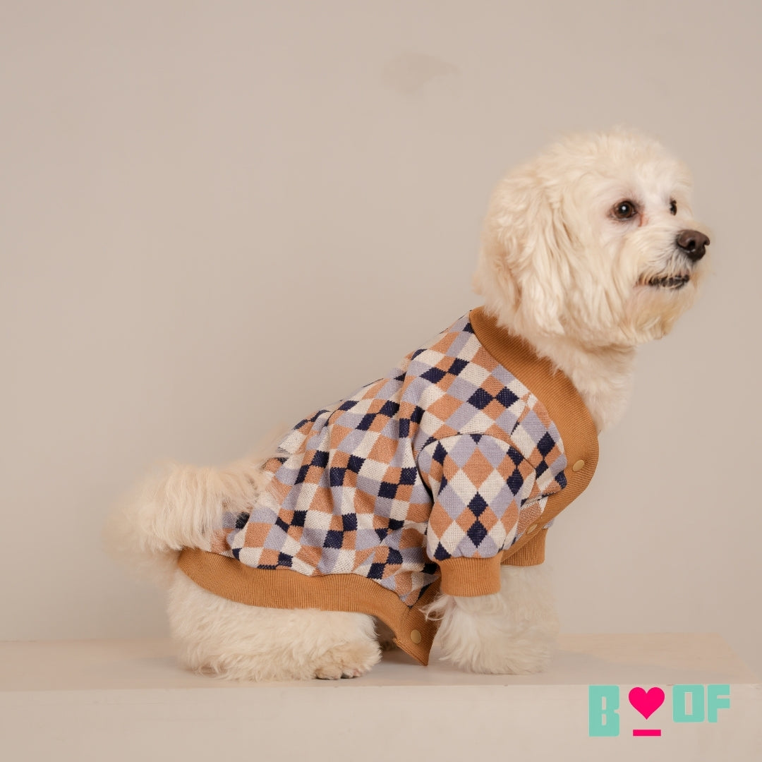 BLUE GREY CHECK SHAWL COLLAR DOG CARDIGAN