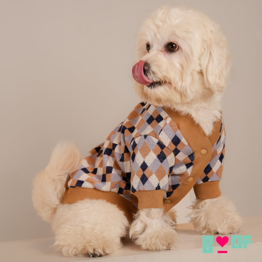 BLUE GREY CHECK SHAWL COLLAR DOG CARDIGAN