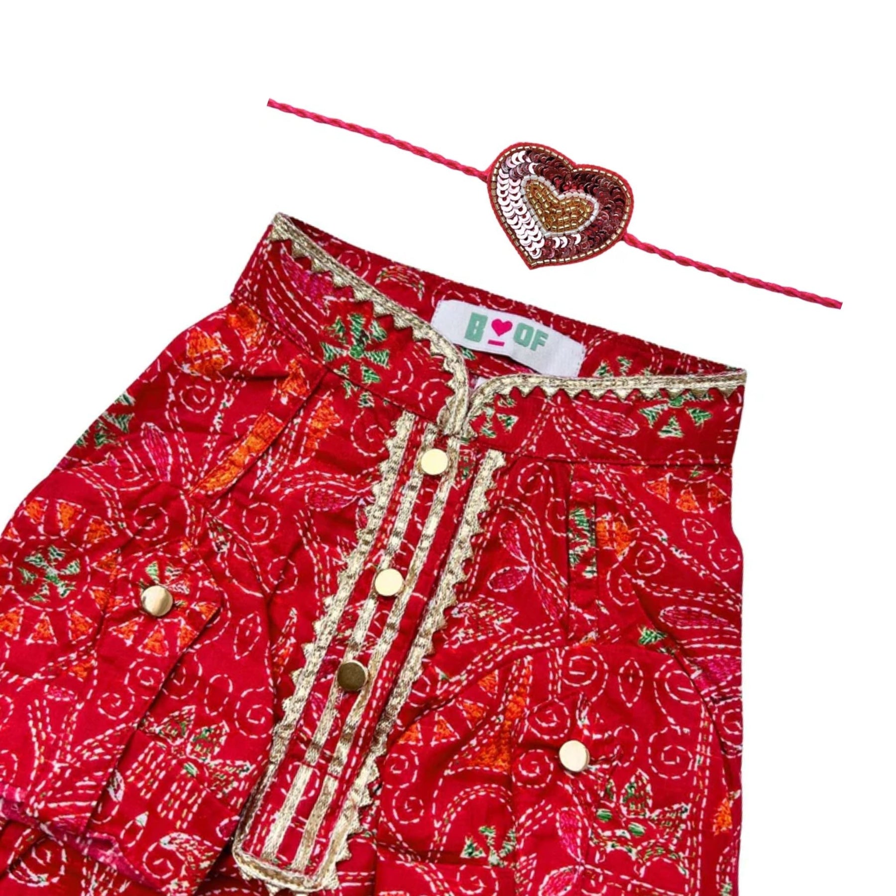 CRIMSON RED KANTHA PRINT COTTON KURTA + PINK HEART RAKHI FOR DOGS AND CATS