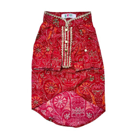 CRIMSON RED KANTHA PRINT COTTON KURTA + PINK HEART RAKHI FOR DOGS AND CATS