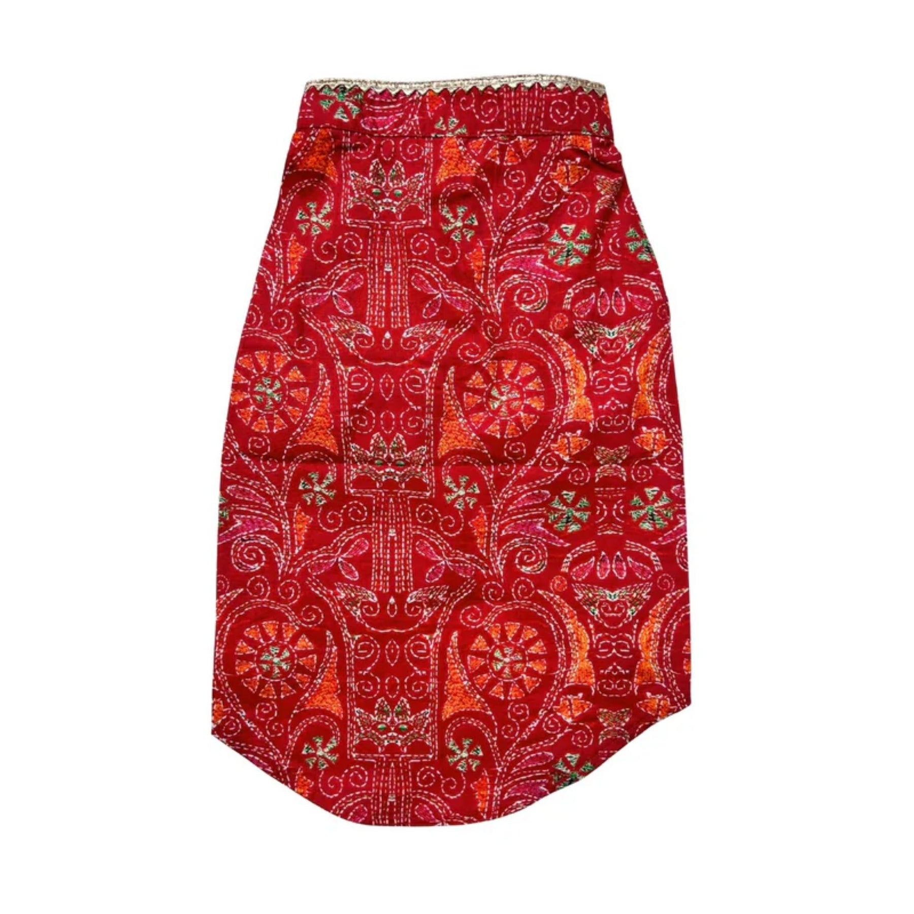 CRIMSON RED KANTHA PRINT COTTON KURTA + PINK HEART RAKHI FOR DOGS AND CATS