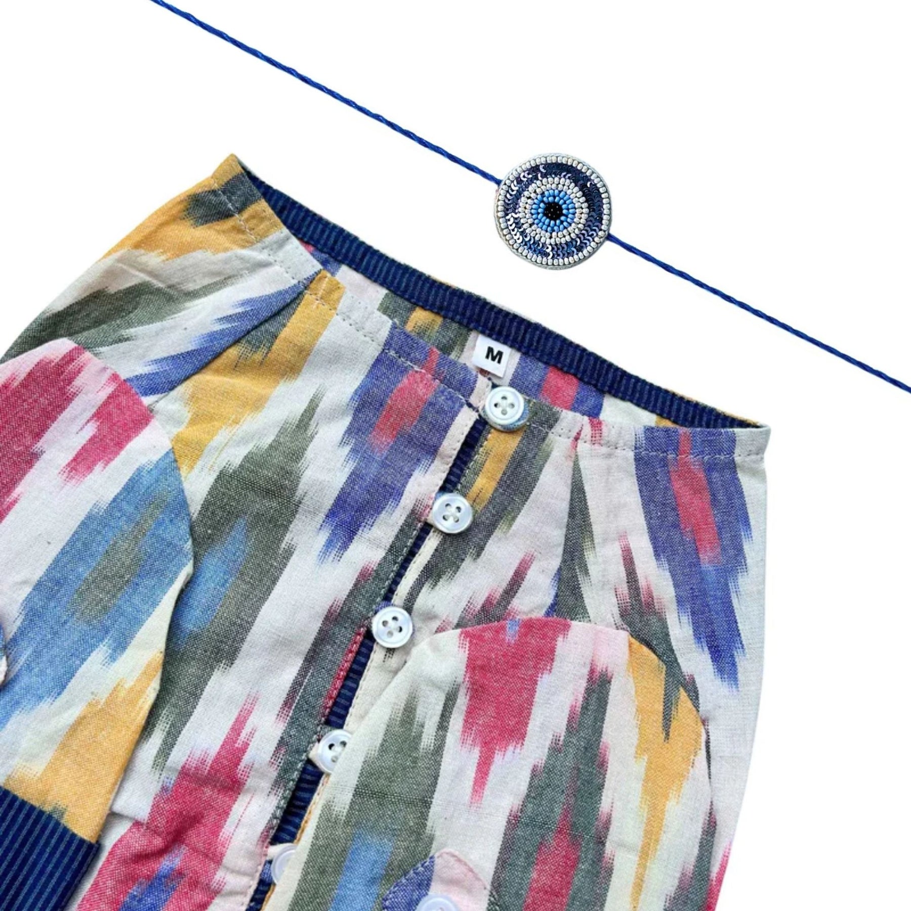 MULTICOLOUR COTTON HANDLOOM IKAT KURTA + EVIL EYE RAKHI FOR DOGS AND CATS