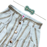 OFF-WHITE ZARI WORK DOG KURTA + AQUA GREEN PEARL BONE RAKHI FOR DOGS AND CATS
