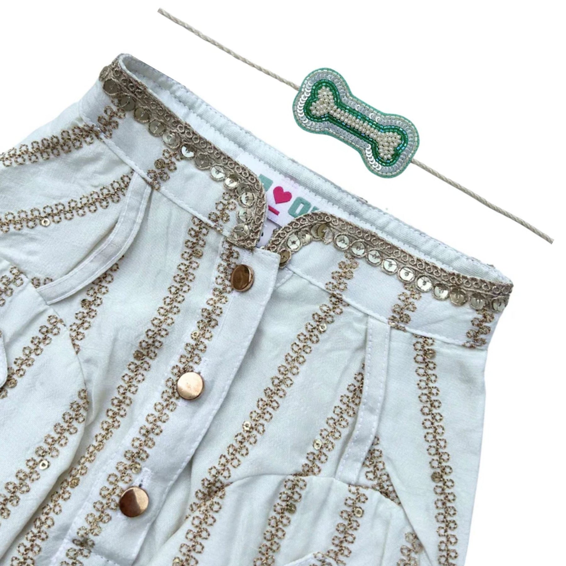 OFF-WHITE ZARI WORK DOG KURTA + AQUA GREEN PEARL BONE RAKHI FOR DOGS AND CATS