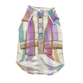OFF-WHITE MULTICOLOURED STRIPE KURTA+LIGHT PINK PEARL RAKHI FOR DOGS AND CATS