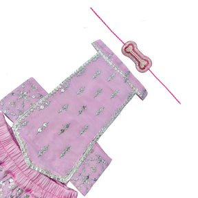 POWDER PINK FESTIVE DOG LEHENGA + SILVER PINK PEARL BONE RAKHI FOR DOGS AND CATS