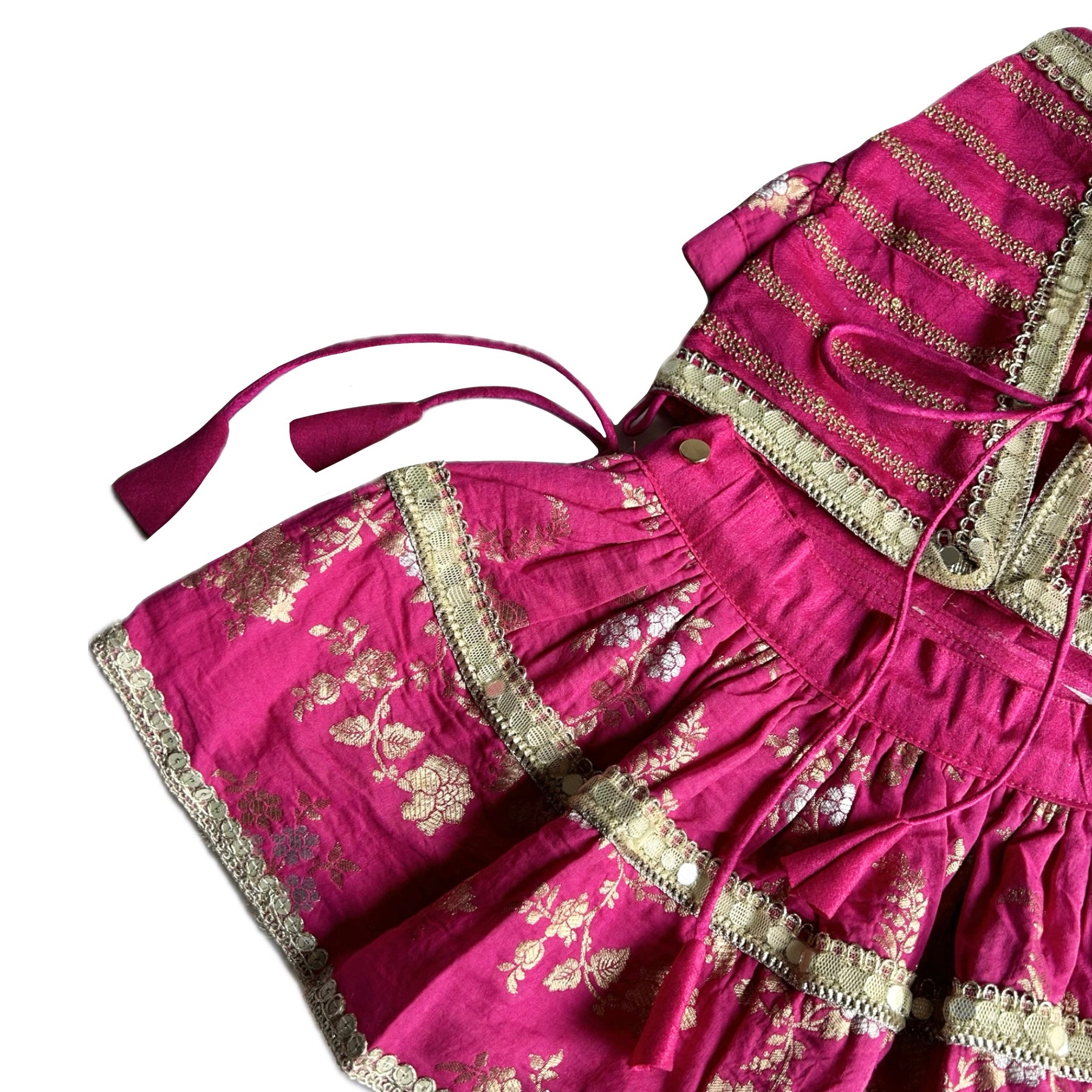 MAGENTA PINK BROCADE MIRROR WORK DOG LEHENGA