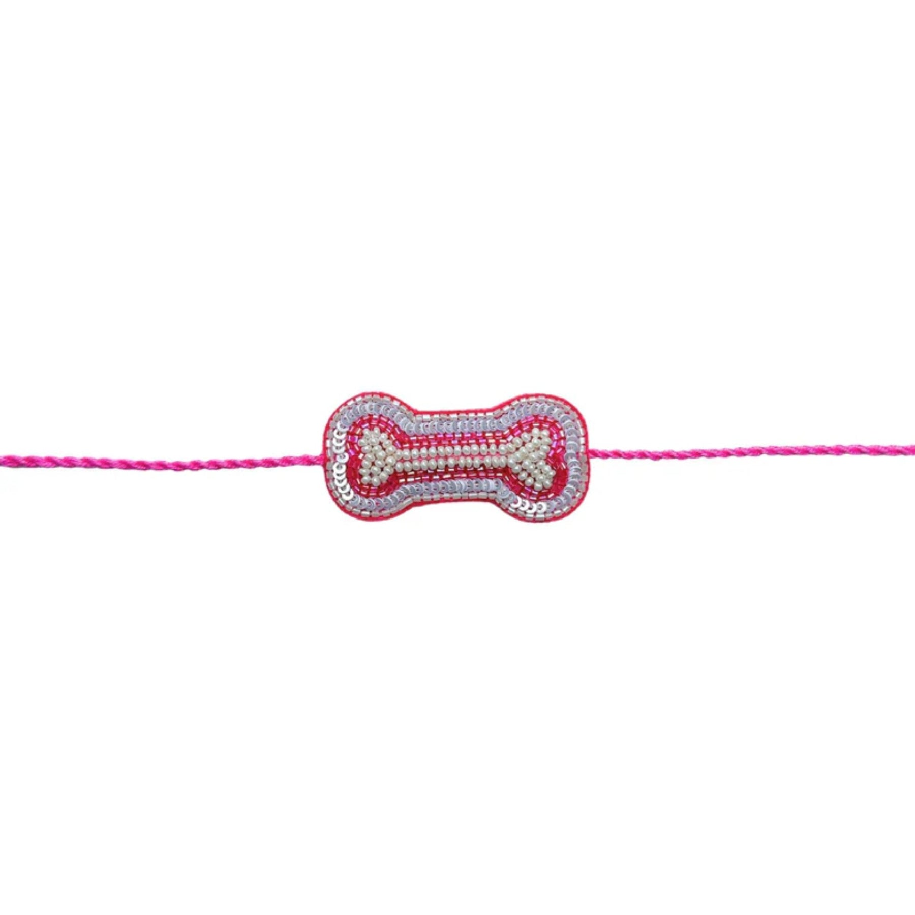 POWDER PINK FESTIVE DOG LEHENGA + SILVER PINK PEARL BONE RAKHI FOR DOGS AND CATS