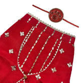 RED FESTIVE ZARI BUTI SHERWANI + RED PAW RAKHI FOR DOGS AND CATS