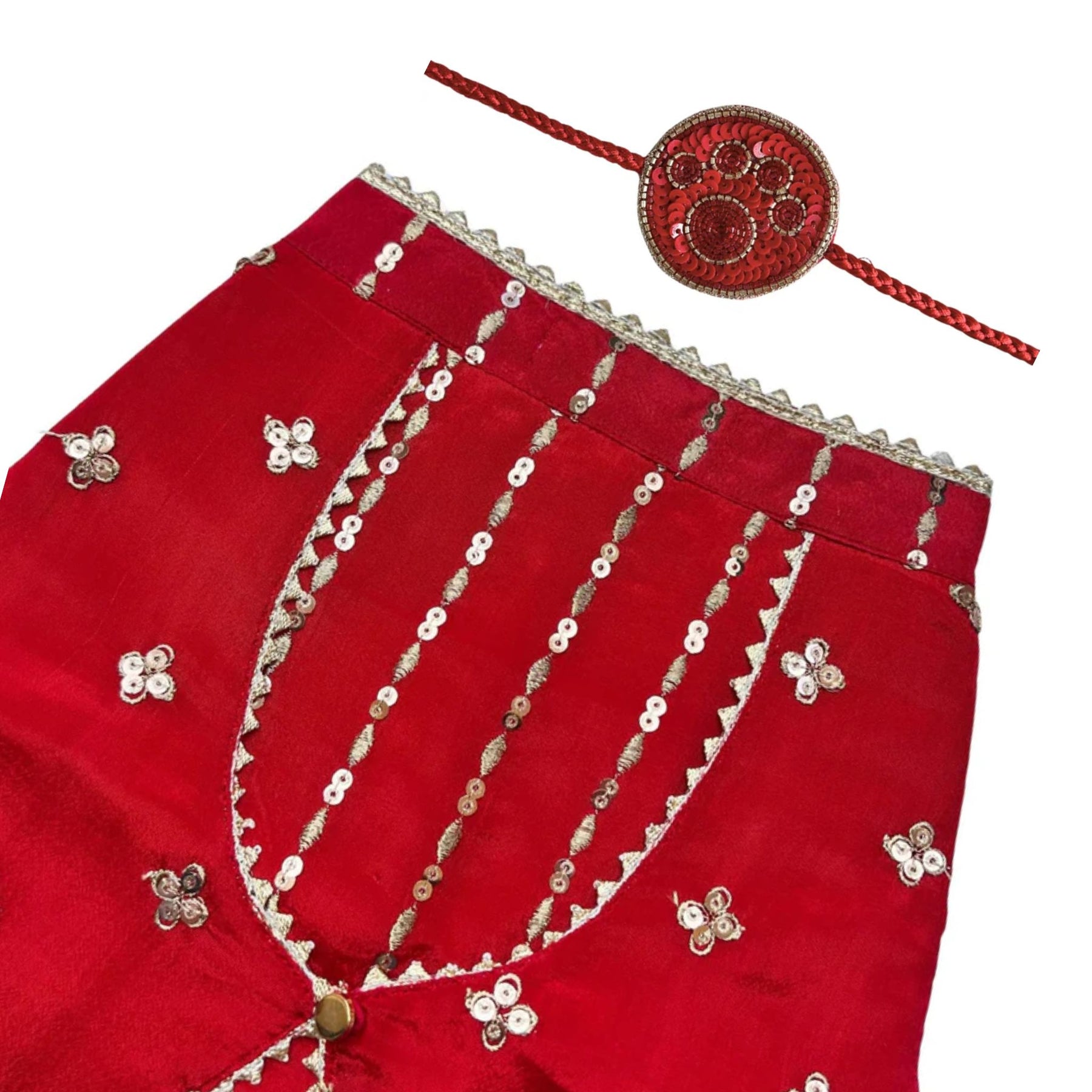 RED FESTIVE ZARI BUTI SHERWANI + RED PAW RAKHI FOR DOGS AND CATS