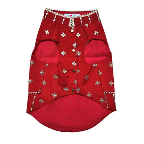 RED FESTIVE ZARI BUTI SHERWANI + RED PAW RAKHI FOR DOGS AND CATS