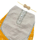 YELLOW BANDHANI WAISTCOAT + SILVER YELLOW PEARL BONE RAKHI FOR DOGS AND CATS