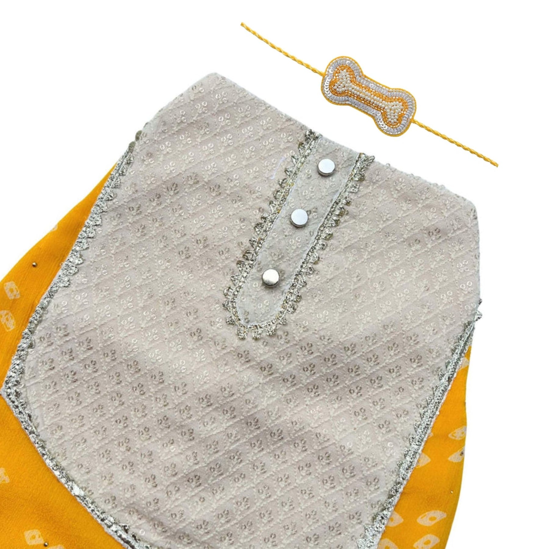 YELLOW BANDHANI WAISTCOAT + SILVER YELLOW PEARL BONE RAKHI FOR DOGS AND CATS