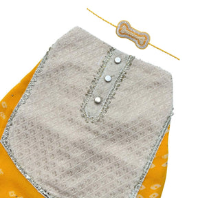 YELLOW BANDHANI WAISTCOAT + SILVER YELLOW PEARL BONE RAKHI FOR DOGS AND CATS