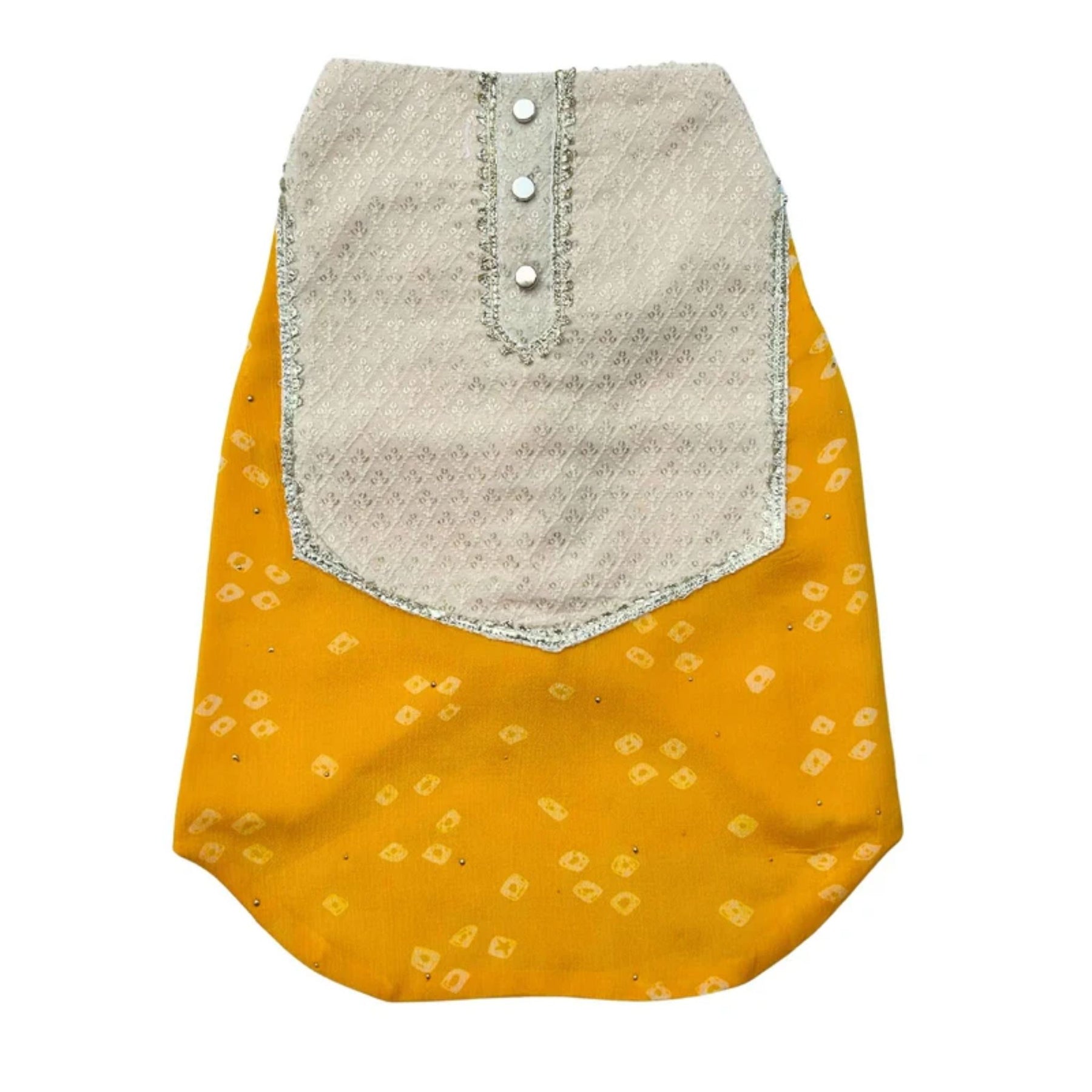YELLOW BANDHANI WAISTCOAT + SILVER YELLOW PEARL BONE RAKHI FOR DOGS AND CATS