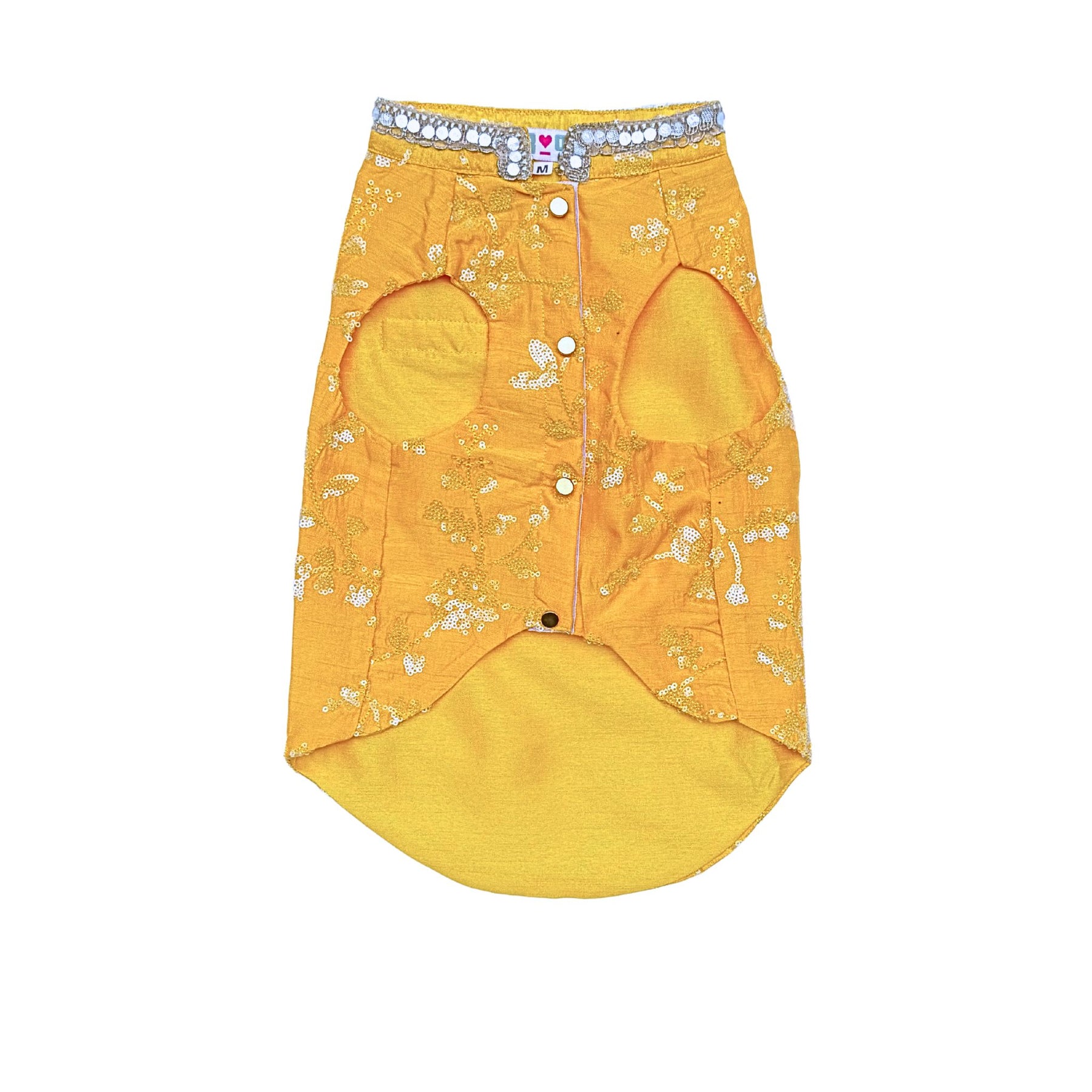 YELLOW SEQUINS SHERWANI+SILVER YELLOW PEARL BONE RAKHI FOR DOGS AND CATS