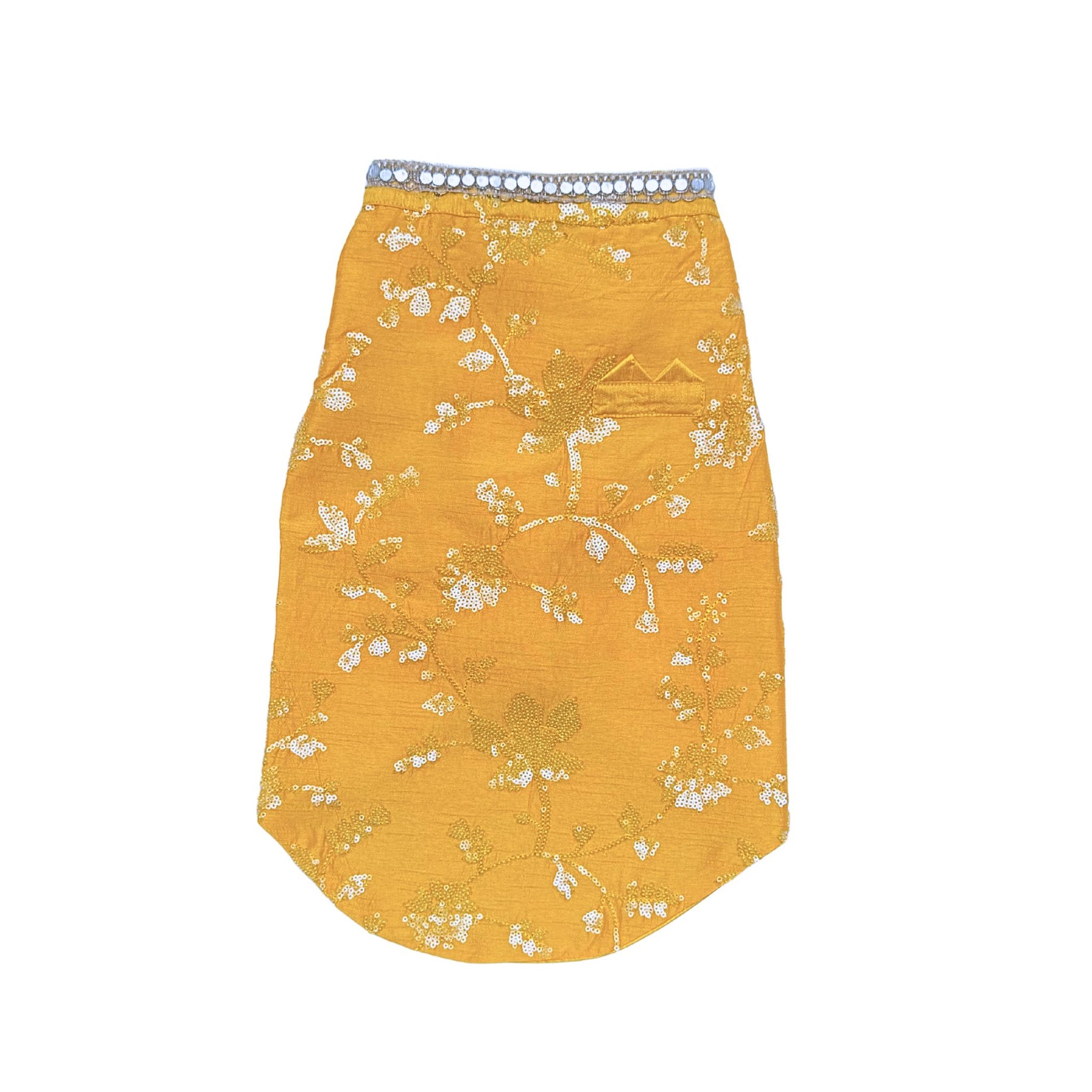 YELLOW SEQUINS SHERWANI+SILVER YELLOW PEARL BONE RAKHI FOR DOGS AND CATS