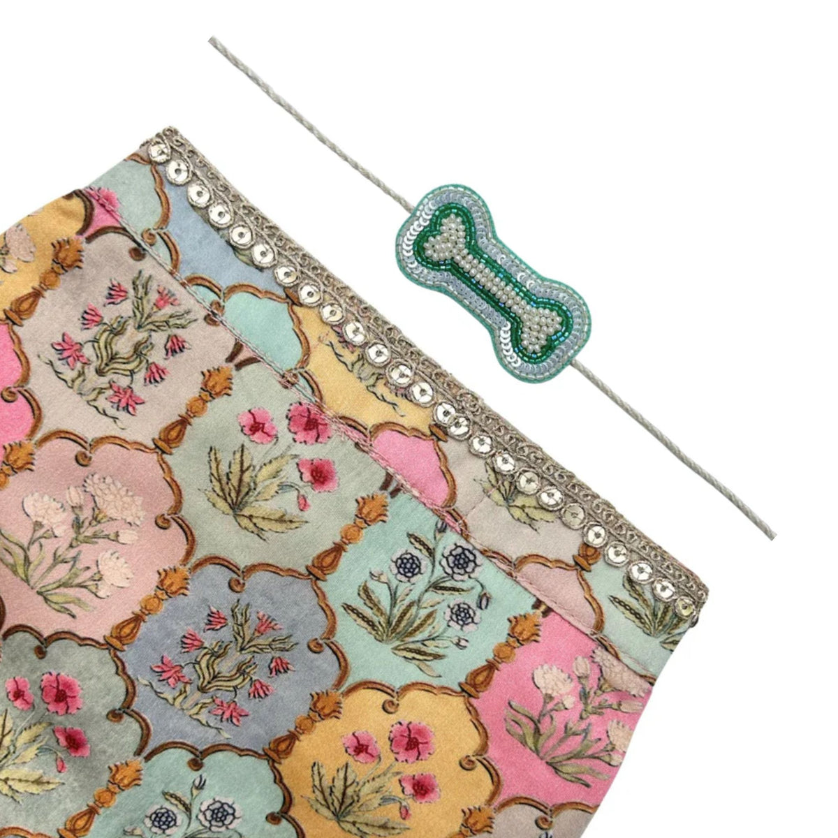 MAHARAJA MOTIF DOG SHERWANI + AQUA GREEN PEARL BONE RAKHI FOR DOGS AND CATS