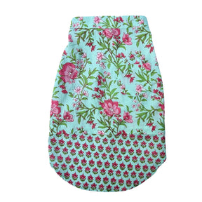 AQUA BLUE FLORAL WAISTCOAT KURTA+AQUA GREEN PEARL BONE RAKHI FOR DOGS AND CATS