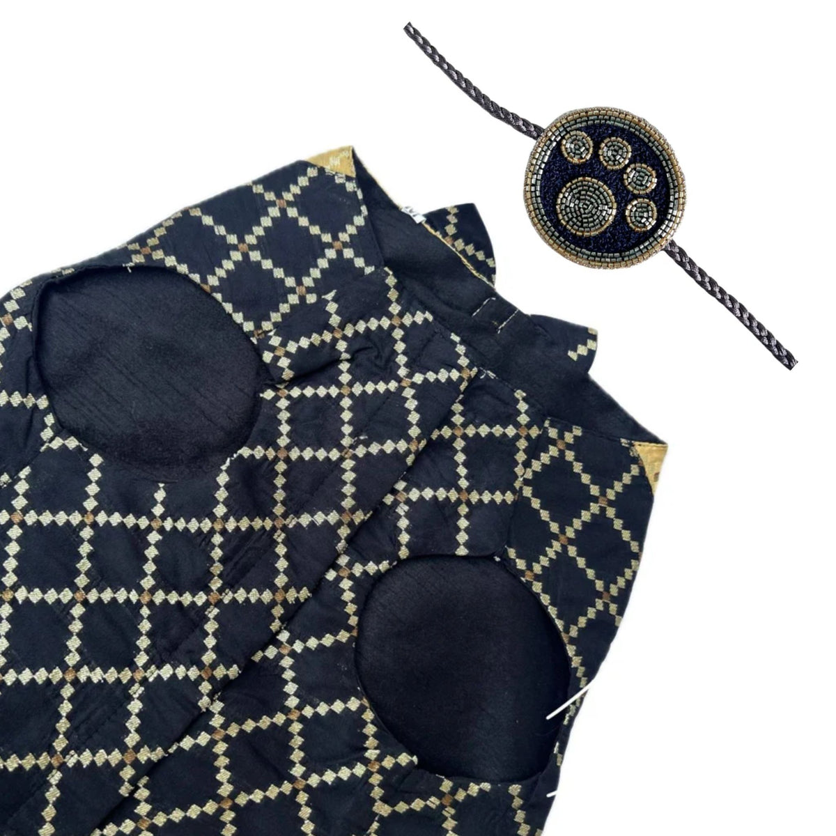 BLACK BROCADE BOW DOG SHERWANI + NAVY BLUE PAW RAKHI FOR DOGS AND CATS