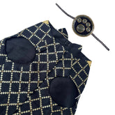 BLACK BROCADE BOW DOG SHERWANI + NAVY BLUE PAW RAKHI FOR DOGS AND CATS