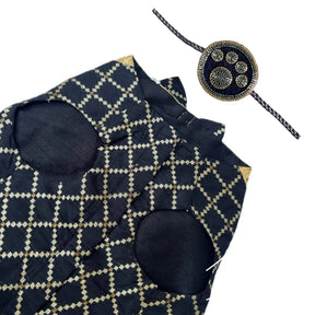 BLACK BROCADE BOW DOG SHERWANI + NAVY BLUE PAW RAKHI FOR DOGS AND CATS
