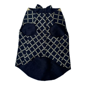 BLACK BROCADE BOW DOG SHERWANI + NAVY BLUE PAW RAKHI FOR DOGS AND CATS