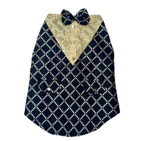 BLACK BROCADE BOW DOG SHERWANI + NAVY BLUE PAW RAKHI FOR DOGS AND CATS