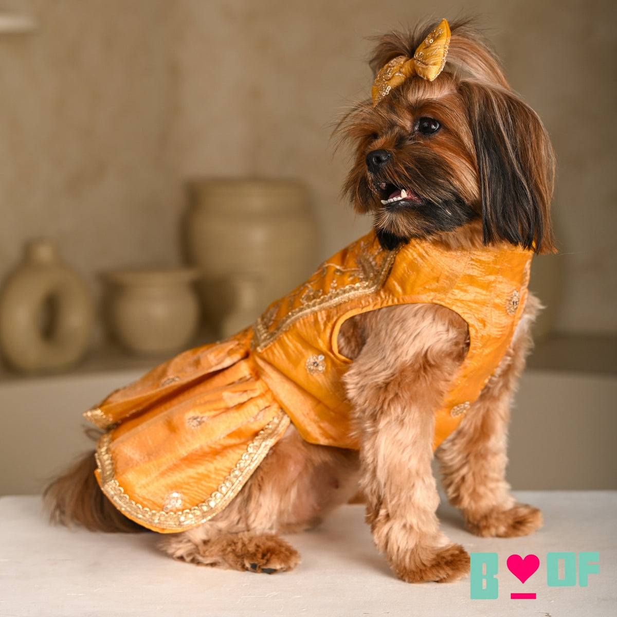MUSTARD YELLOW FLORAL SEQUINS LEHENGA FOR DOGS AND CATS