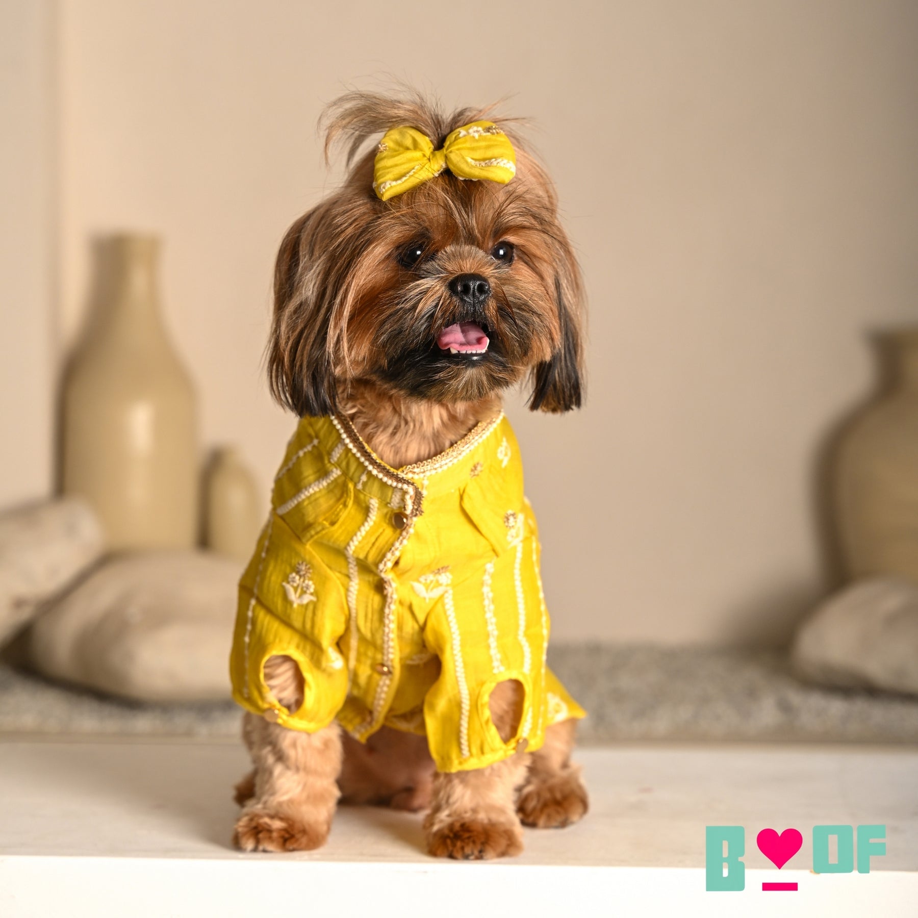 BRIGHT YELLOW CHIKANKARI GOTA PATTI KURTA FOR DOGS AND CATS