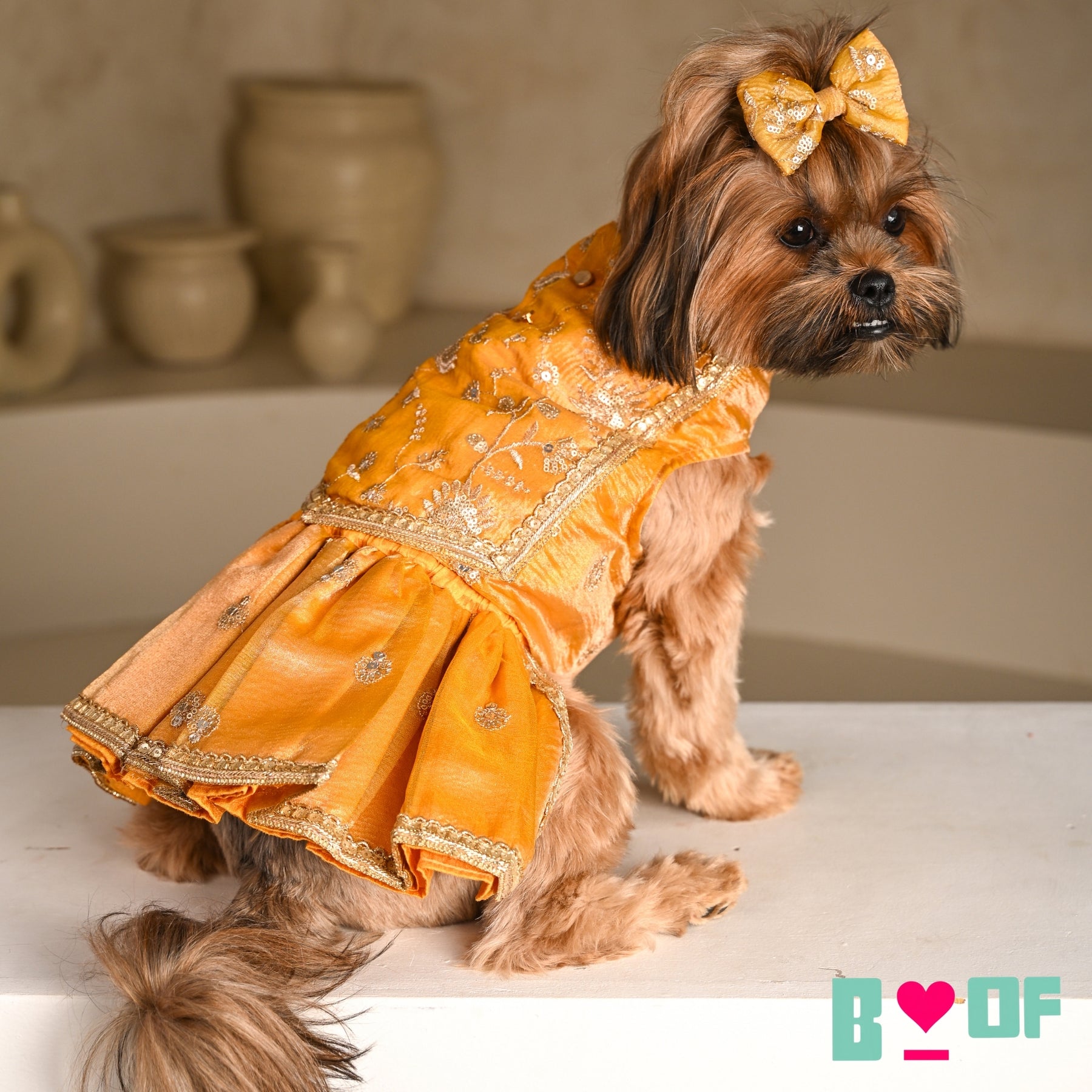 MUSTARD YELLOW FLORAL SEQUINS LEHENGA FOR DOGS AND CATS