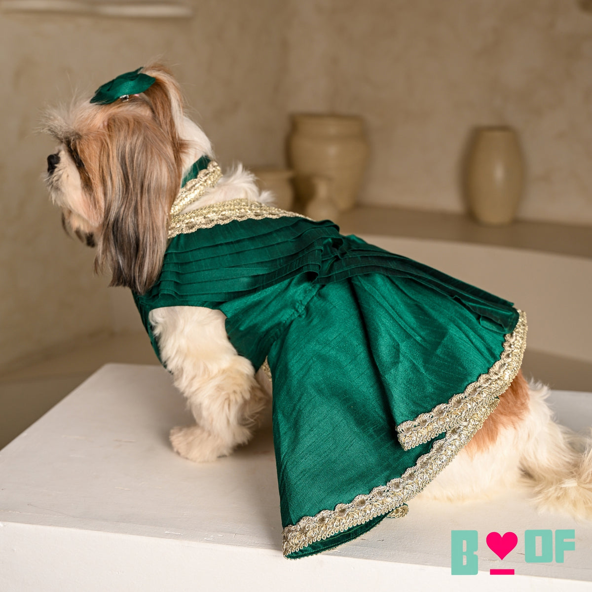 EMERALD GREEN OFF SHOULDER SAREE DRESS FOR DOGS AND CATS