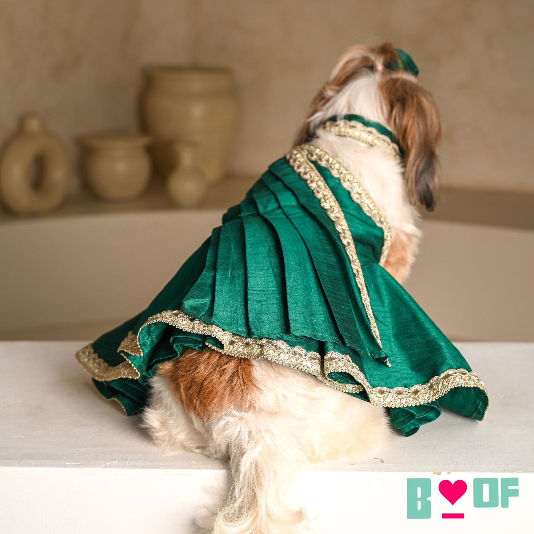 EMERALD GREEN OFF SHOULDER SAREE DRESS FOR DOGS AND CATS