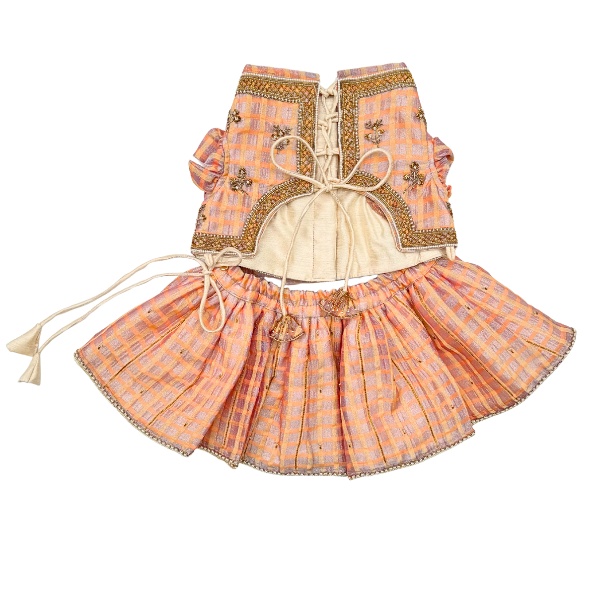 PEACH PINK DAINTY EMROIDERED TISSUE LEHENGA FOR DOGS AND CATS