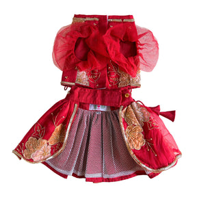 RED PITTA WORK EMBELLISHED DOG LEHENGA