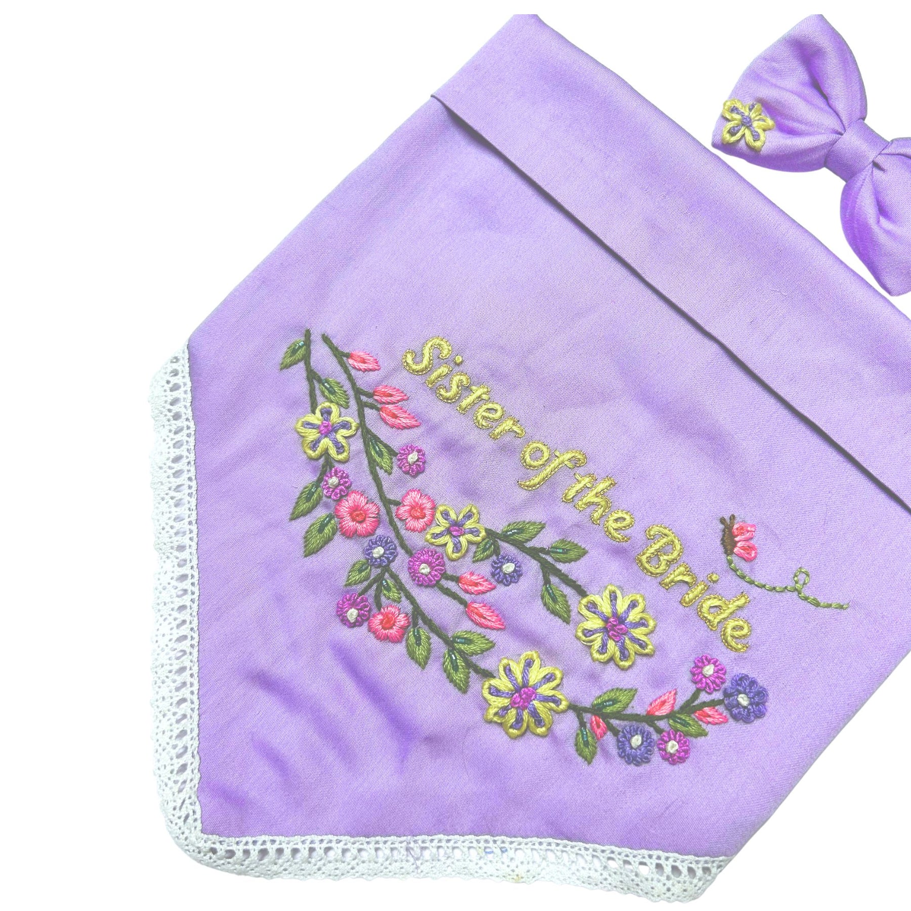 PURPLE FLOWER HAND EMBROIDERED BANDANA FOR DOGS AND CATS