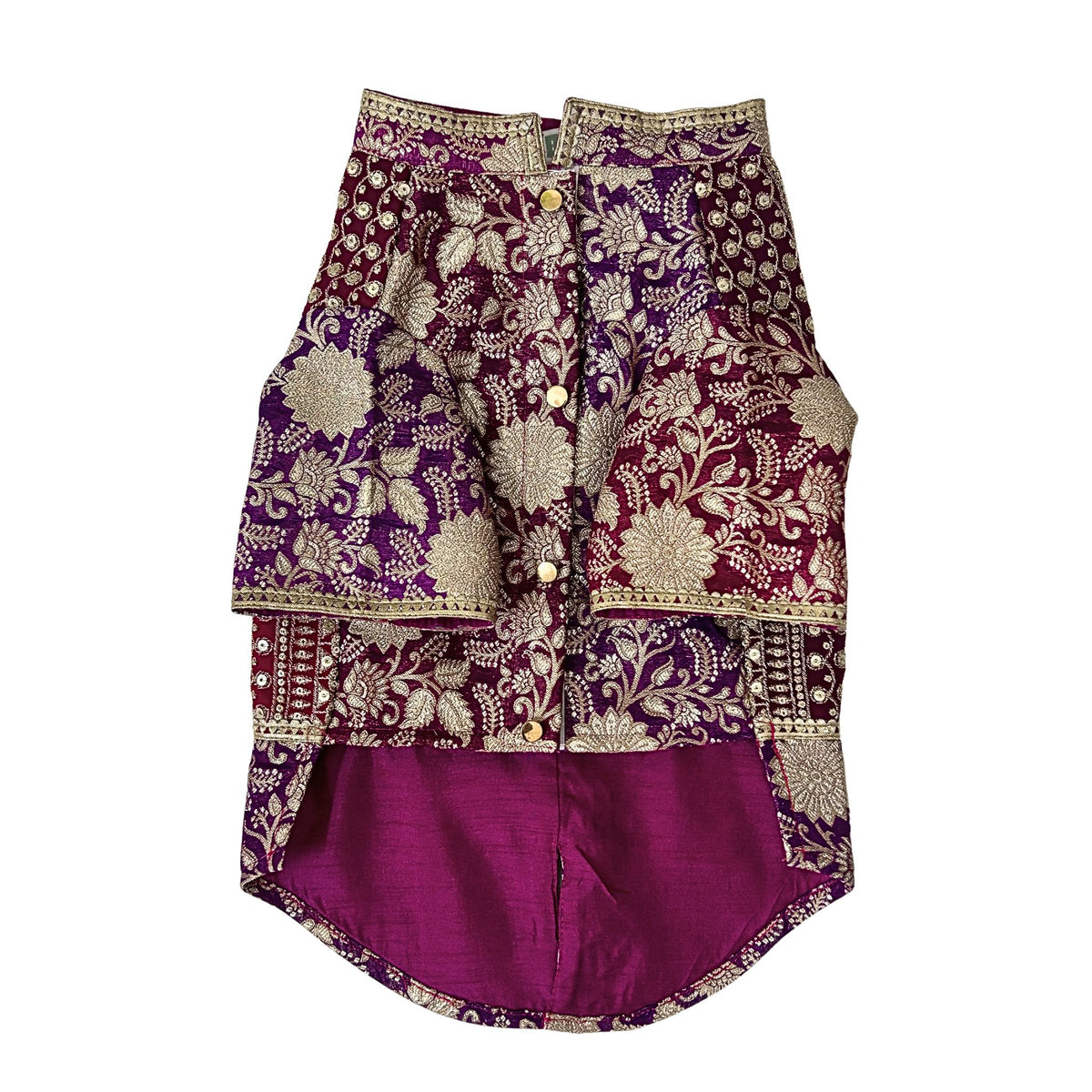 PURPLE BROCADE ZARI EMBROIDERD WAISTCOAT STYLE KURTA+PURPLE PEARL RAKHI FOR DOGS AND CATS