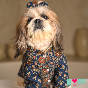 NAVY BLUE AJRAKH BUTI PRINT WAISTCOAT STYLE KURTA FOR DOGS AND CATS