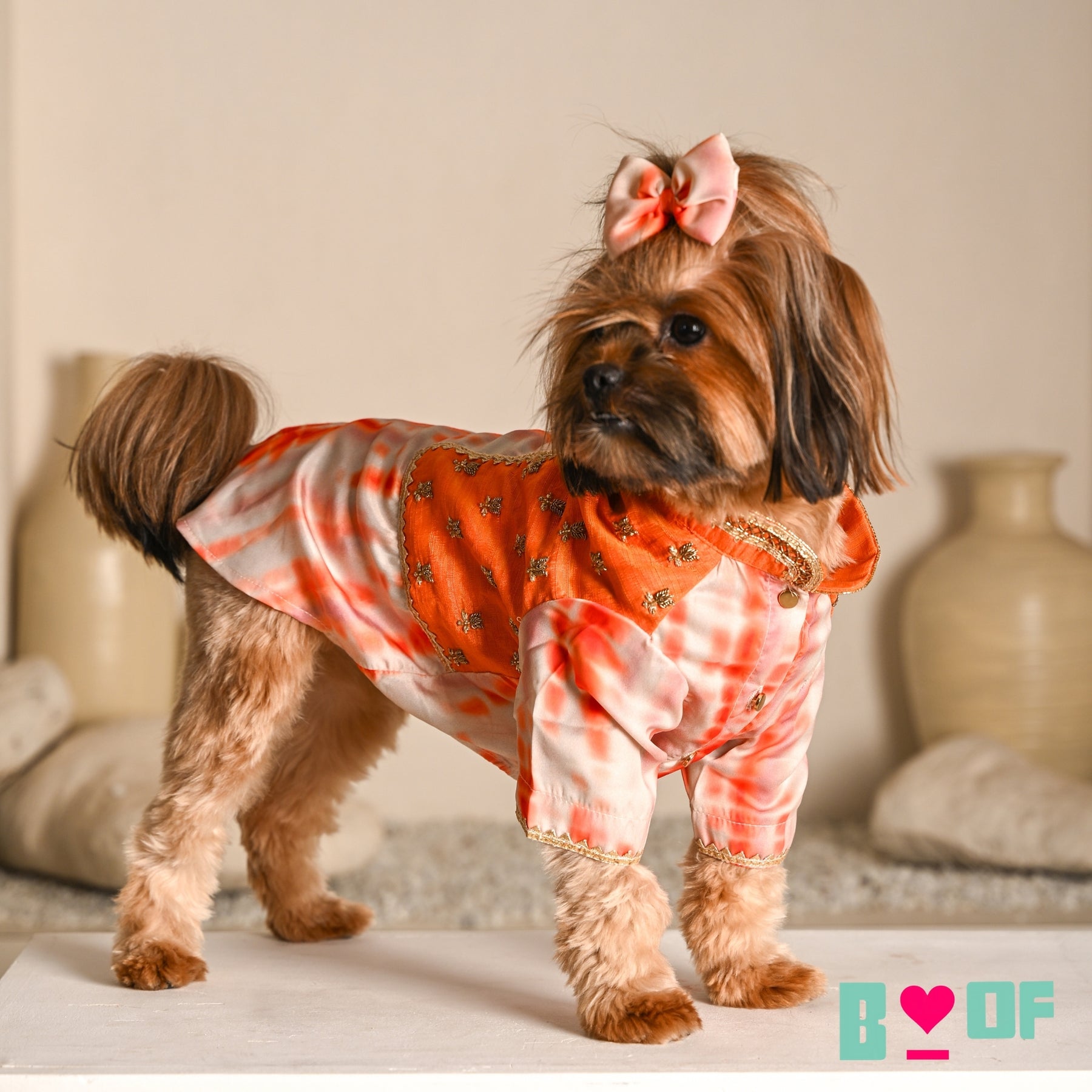 ORANGE TIE & DYE BUTI WAISTCOAT STYLE KURTA FOR DOGS AND CATS