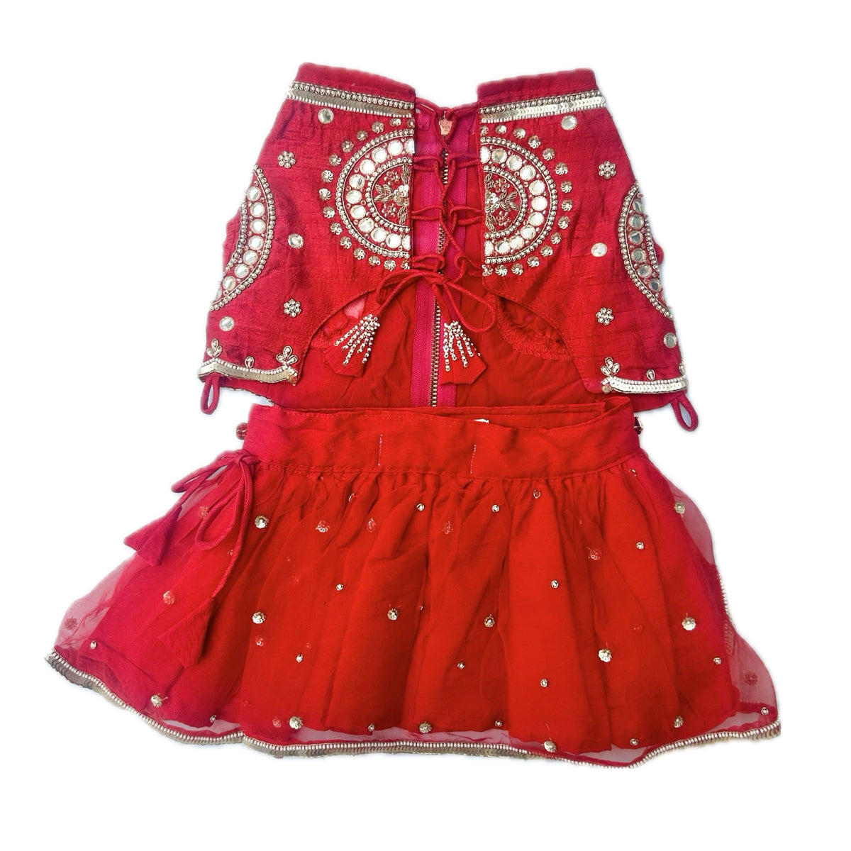 RED HAND EMBROIDERED MIRROR WORK DOG LEHENGA