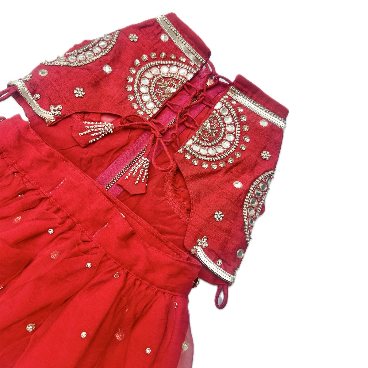 RED HAND EMBROIDERED MIRROR WORK DOG LEHENGA