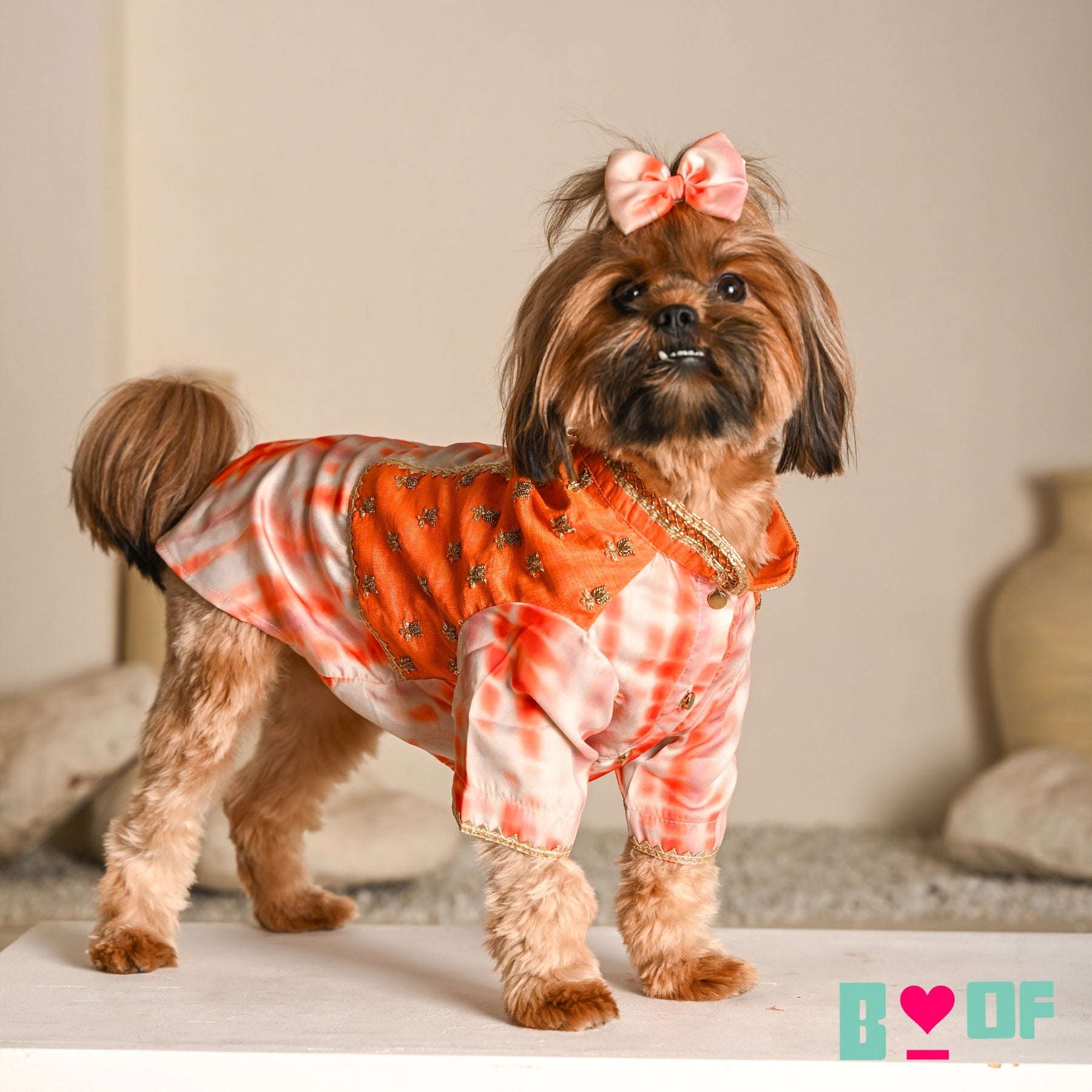 ORANGE TIE & DYE BUTI WAISTCOAT STYLE KURTA FOR DOGS AND CATS